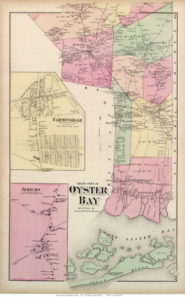 Oyster Bay Town (Southern Part), Jericho and Farmingdale Villages, New York 1873 Old Town Map Reprint - Queens Co. (Suffolk Atlas)