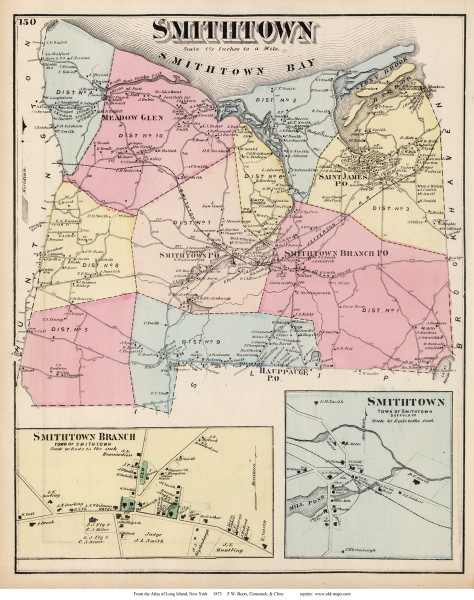 Smithtown Town, Smithtown and Smithtown Branch Villages, New York 1873 Old Town Map Reprint - Suffolk Co. (Suffolk Atlas)