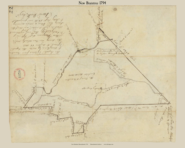 New Braintree, Massachusetts 1794 Old Town Map Reprint - Roads Place Names  Massachusetts Archives