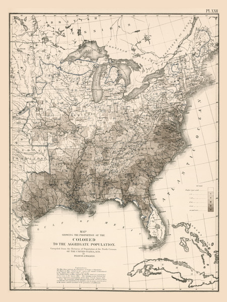 Proportion of the Colored to Aggregate Population in the United States 1870 - Walker 1870 9th Census Atlas Eastern - USA Atlases