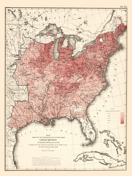 Proportion of Deaths from Consumption in the United States 1870 - Walker 1870 9th Census Atlas Eastern - USA Atlases