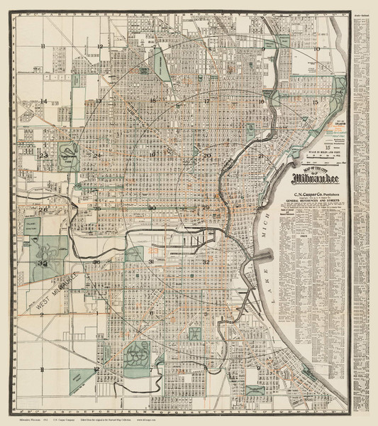 Milwaukee 1912 Caspar - Old Map Reprint - Wisconsin Cities