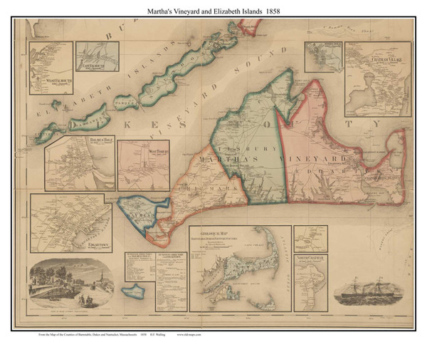 Martha's Vineyard and Elizabeth Islands Massachusetts 1858 Old Town Map Custom Print - Dukes Co.