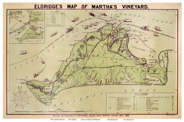 Eldridge's Map of Martha's Vineyard 1892 G.W. Eldridge - Old Map Custom Print 1-Town
