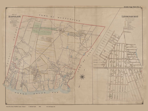 Town of Babylon and Lindenhust Village, New York 1902 - Old Town Map Reprint - Suffolk Co. Atlas South Vol. 1 Page 1 Town of Babylon and Lindenhust Village, New York 1902 - Old Town Map Reprint - Suffolk Co. Atlas South Vol. 1 Page 1