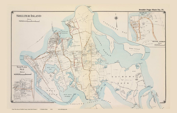 Shelter Island - Southampton, New York 1916 Old Map Reprint - Suffolk Co. Atlas South Vol. 2 - 16