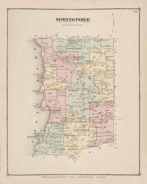 Springport Cayuga Lake Indian Reservation, New York 1875 - Old Town Map Reprint - Cayuga Co. Atlas 86