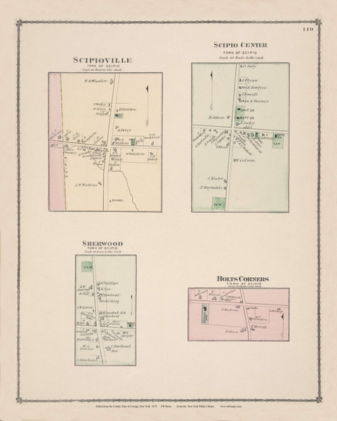 Scipio Scipioville Scipio Center Sherwood Bolts Corners, New York 1875 - Old Town Map Reprint - Cayuga Co. Atlas 110 Scipio Scipioville Scipio Center Sherwood Bolts Corners, New York 1875 - Old Town Map Reprint - Cayuga Co. Atlas 110