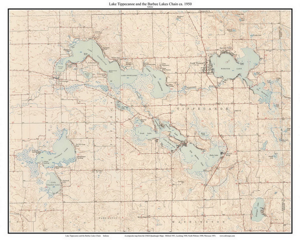 Lake Tippecanoe and the Barbee Lakes Chain 1950 - Custom USGS Old Topo Map - Indiana Lake Tippecanoe and the Barbee Lakes Chain 1950 - Custom USGS Old Topo Map - Indiana