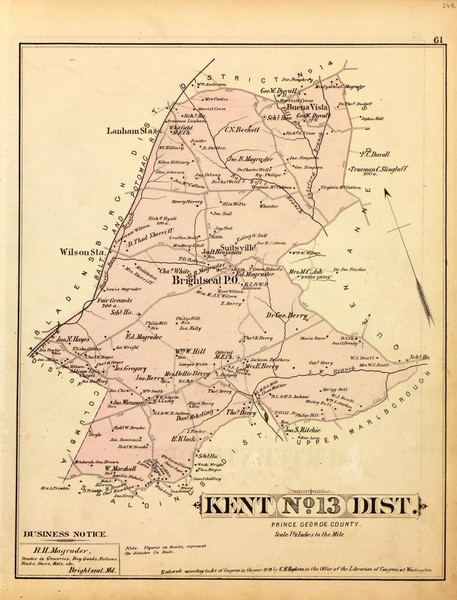 Kent District No. 13 - Brightseat, Suitsville, Buena Vista, Wilson Station, etc., Maryland 1879 Old Map Reprint - Prince George Co. (Montgomery MD Atlas)