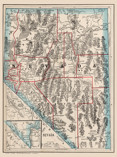 Nevada 1893 Wood - Old State Map Reprint