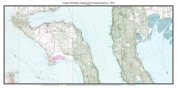 Central Whidbey Island and Camano Island 1953 - Custom USGS Old Topo Map - Washington State 7x7