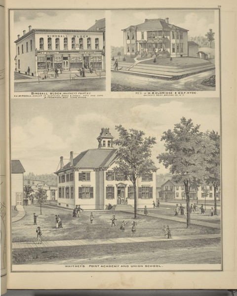 Birdsall Block, Residence of M.B. Eldridge & E.D.F. Hyde and Whitney's Point Academy & Union School, New York 1876 - Old Town Map Reprint - Broome Co. Atlas 59