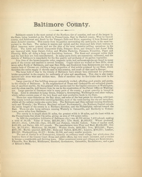 Baltimore County Text - 1866 Old Map Reprint - Martenet's Maryland State Atlas 20