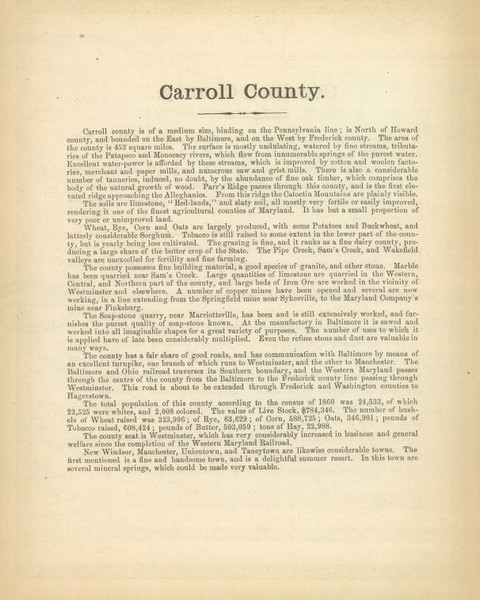 Carroll County Text - 1866 Old Map Reprint - Martenet's Maryland State Atlas 26