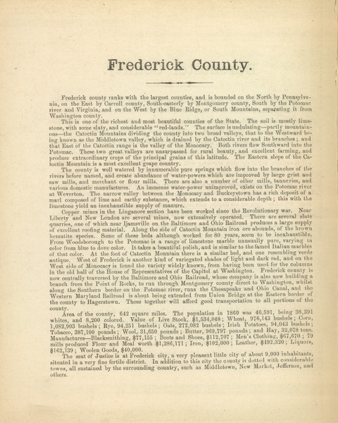 Frederick County Text - 1866 Old Map Reprint - Martenet's Maryland State Atlas 34