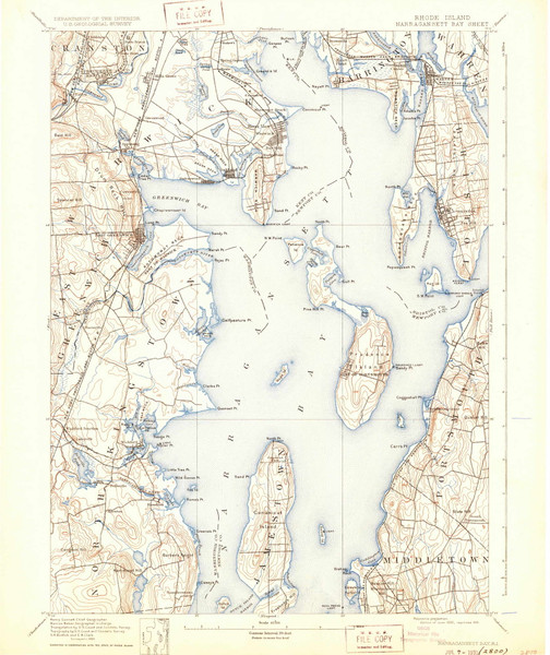 Narrangansett Bay, Rhode Island 1892 (1931) USGS Old Topo Map Reprint 15x15 MA Quad 353512