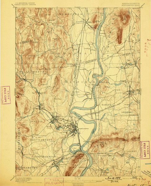 Northampton, Massachusetts 1895 (1899) USGS Old Topo Map Reprint 15x15 MA Quad 352902