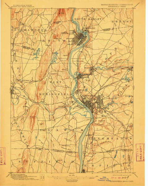 Springfield, Massachusetts 1895 (1912) USGS Old Topo Map Reprint 15x15 MA Quad 353041