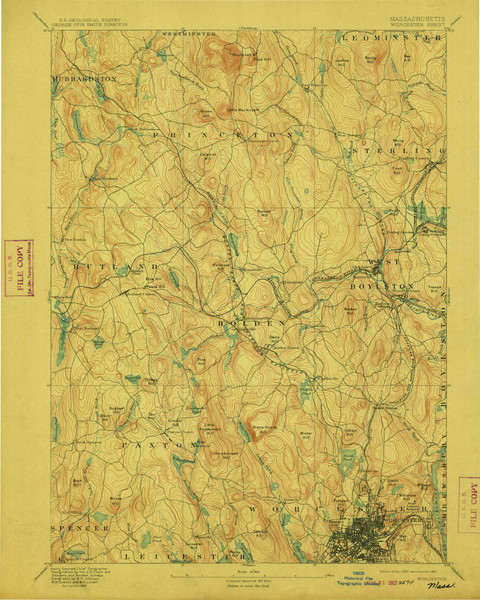 Worcester, Massachusetts 1892 (1912) USGS Old Topo Map Reprint 15x15 MA Quad 353134 Worcester, Massachusetts 1892 (1912) USGS Old Topo Map Reprint 15x15 MA Quad 353134