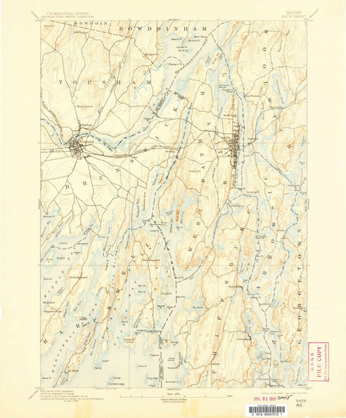 Bath, Maine 1894 (1907) USGS Old Topo Map Reprint 15x15 ME Quad 460156 Bath, Maine 1894 (1907) USGS Old Topo Map Reprint 15x15 ME Quad 460156