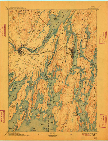 Bath, Maine 1894 (1909) USGS Old Topo Map Reprint 15x15 ME Quad 807366 Bath, Maine 1894 (1909) USGS Old Topo Map Reprint 15x15 ME Quad 807366