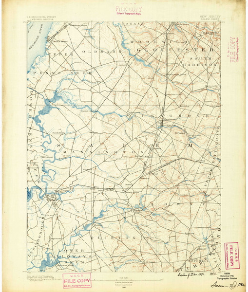 Salem, New Jersey 1890 A USGS Old Topo Map 15x15 NJ Quad