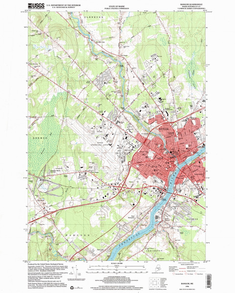 Bangor, Maine 1996 (2000) USGS Old Topo Map Reprint 7x7 ME Quad 104890
