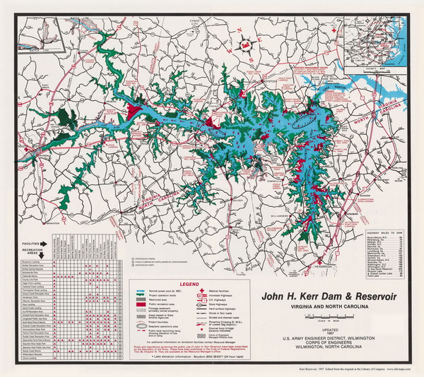 John H. Kerr Dam and Reservoir 1987 -  - Old Map Reprint - VA Lakes