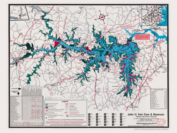 John H. Kerr Dam and Reservoir 1992 -  - Old Map Reprint - VA Lakes