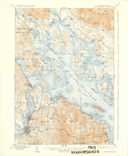 Winnepesaukee, New Hampshire 1909 (1935) USGS Old Topo Map 15x15 NH Quad