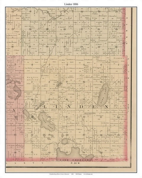 Linden - Dane Lake, Brown Co. Minnesota 1886 Old Town Map Custom Print - Brown Co.