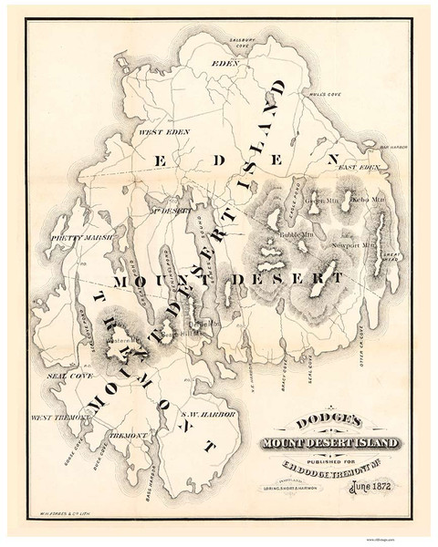 Mount Desert Island, Maine Old Map Reprint Dodge 1872 - Cities Other Mount Desert Island, Maine Old Map Reprint Dodge 1872 - Cities Other