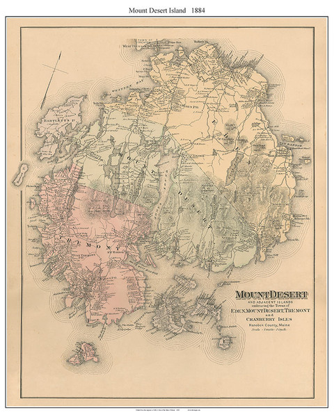 Mount Desert Island, Maine Old Map Reprint Colby 1884 - Cities Other