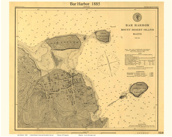 Bar Harbor, Maine Old Map Reprint USCGS 1885 - Cities Other