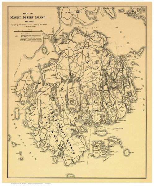 Mount Desert Island, Maine Old Map Reprint Sherman 1911 - Cities Other