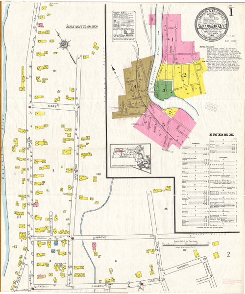 Shelburne Falls, MA Fire Insurance 1919 Sheet 1 (Index) - Old Town Map Reprint - Franklin Co.