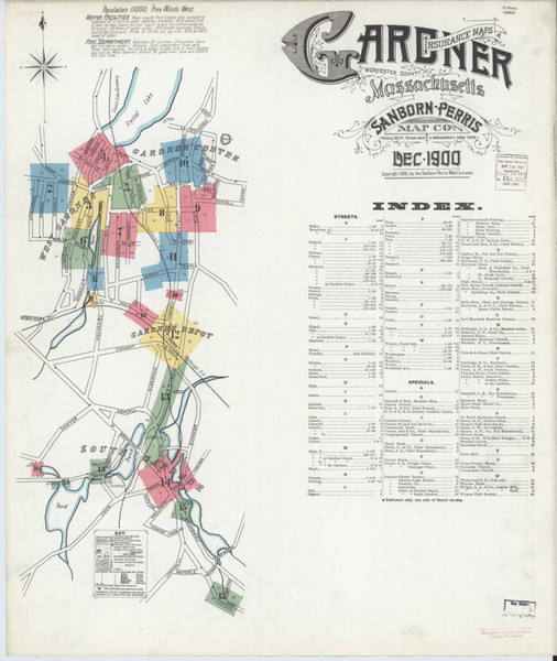 Gardner Massachusetts 1900 - Fire Insurance Index - Old Map Reprint