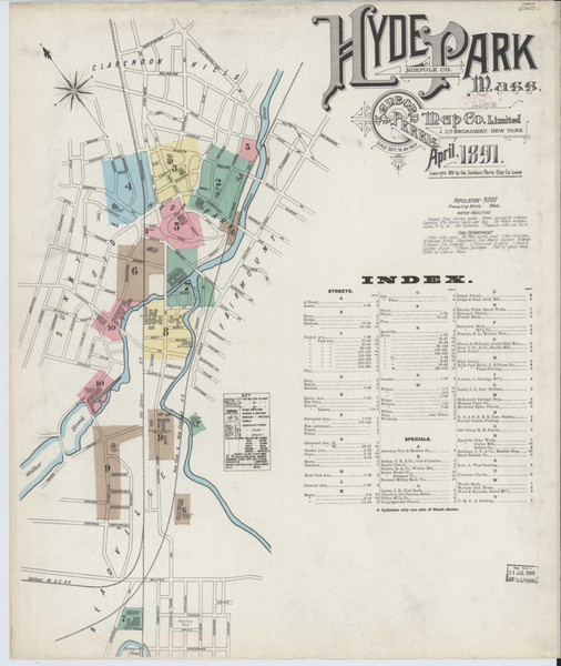 Hyde Park Massachusetts 1891 - Fire Insurance Index - Old Map Reprint