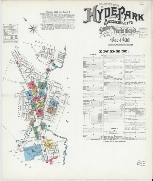 Hyde Park Massachusetts 1900 - Fire Insurance Index - Old Map Reprint