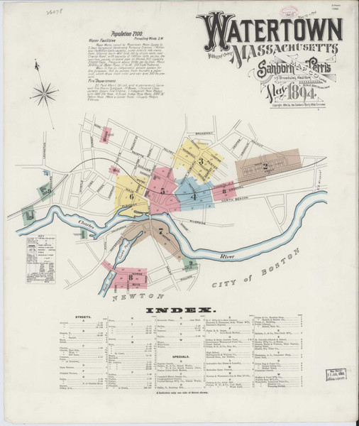 Watertown Massachusetts 1894 - Fire Insurance Index - Old Map Reprint