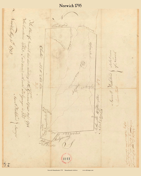 Norwich, Massachusetts 1795 Old Town Map Reprint - Roads Place Names  Massachusetts Archives Norwich, Massachusetts 1795 Old Town Map Reprint - Roads Place Names  Massachusetts Archives