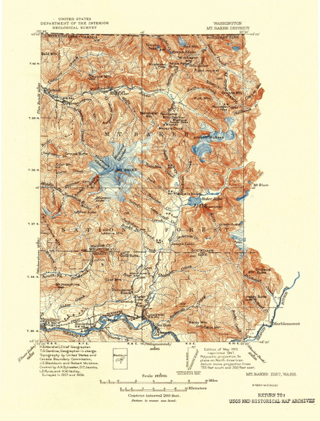 Mount Baker District MT, Washington 1915 (1947) USGS Old Topo Map Reprint 30x30 WA Quad 242737
