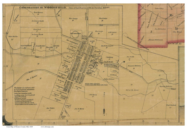 Woodsfield - Center, Ohio 1869 Old Town Map Custom Print - Monroe Co.