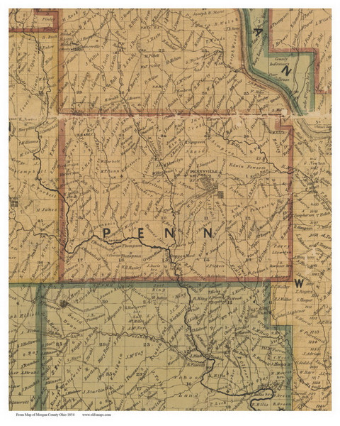 Penn, Ohio 1854 Old Town Map Custom Print - Morgan Co. Penn, Ohio 1854 Old Town Map Custom Print - Morgan Co.