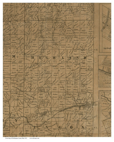 Highland, Ohio 1852 Old Town Map Custom Print - Muskingum Co.