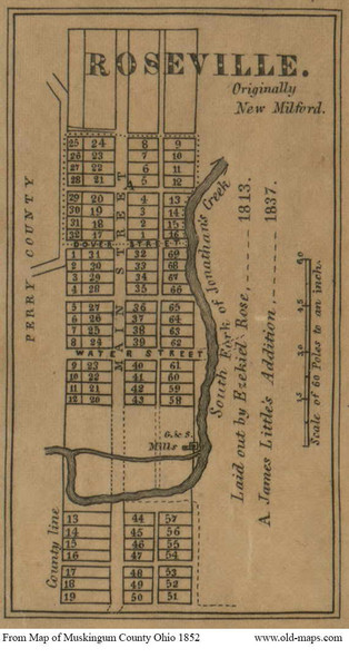 Roseville - Clay, Ohio 1852 Old Town Map Custom Print - Muskingum Co.