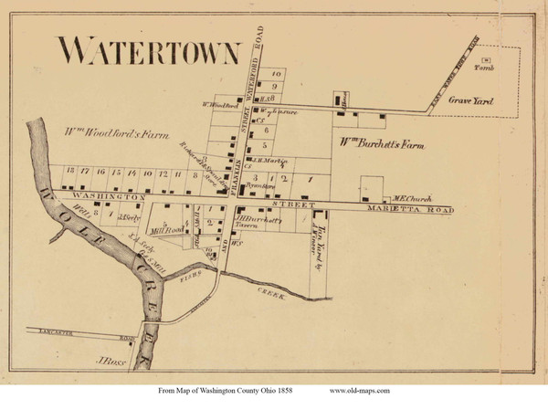 Watertown Village - Watertown, Ohio 1858 Old Town Map Custom Print - Washington Co. Watertown Village - Watertown, Ohio 1858 Old Town Map Custom Print - Washington Co.