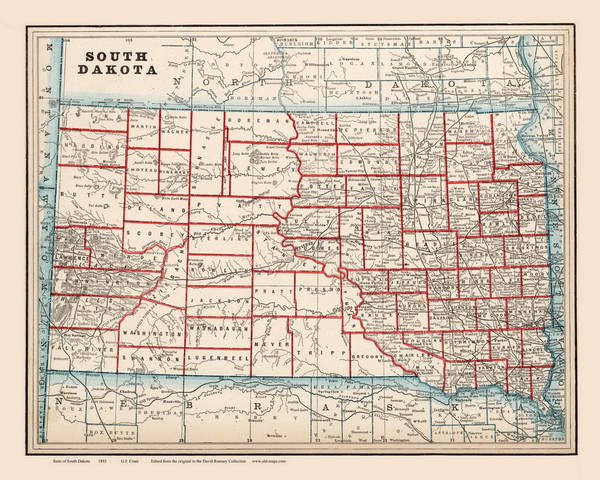South Dakota 1893 Cram - Old State Map Reprint South Dakota 1893 Cram - Old State Map Reprint