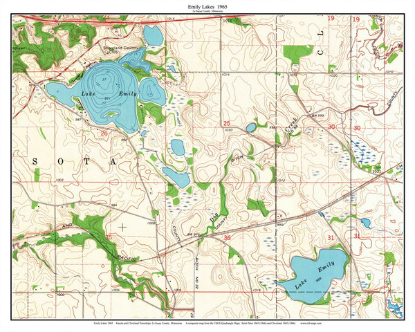 Emily Lakes - LeSueur Co 1965 - Custom USGS Old Topo Map - Minnesota - Mankato Area Emily Lakes - LeSueur Co 1965 - Custom USGS Old Topo Map - Minnesota - Mankato Area